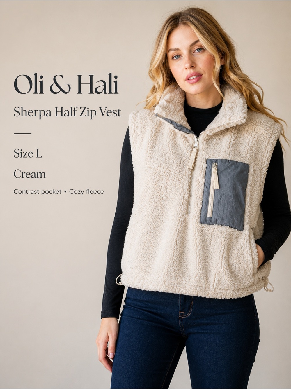 Oli & Hali Cream Sherpa Half Zip Vest Size L Contrast Pocket